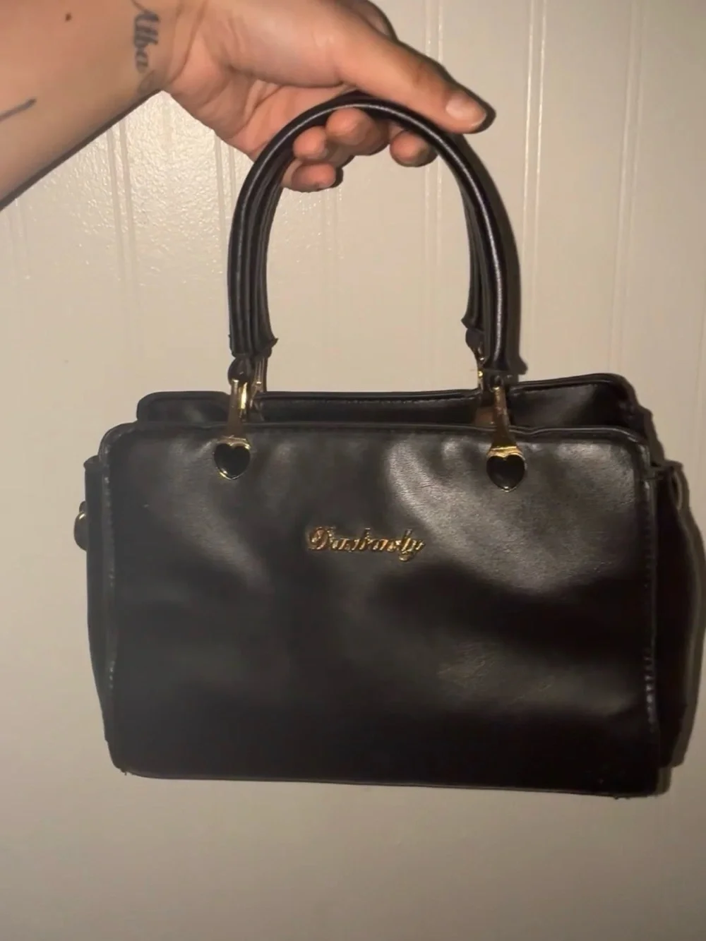 Black Faux Leather Satchel Handbag with Gold Accents
